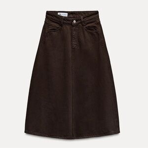Zara Chocolate Brown A-Line Denim Midi Skirt